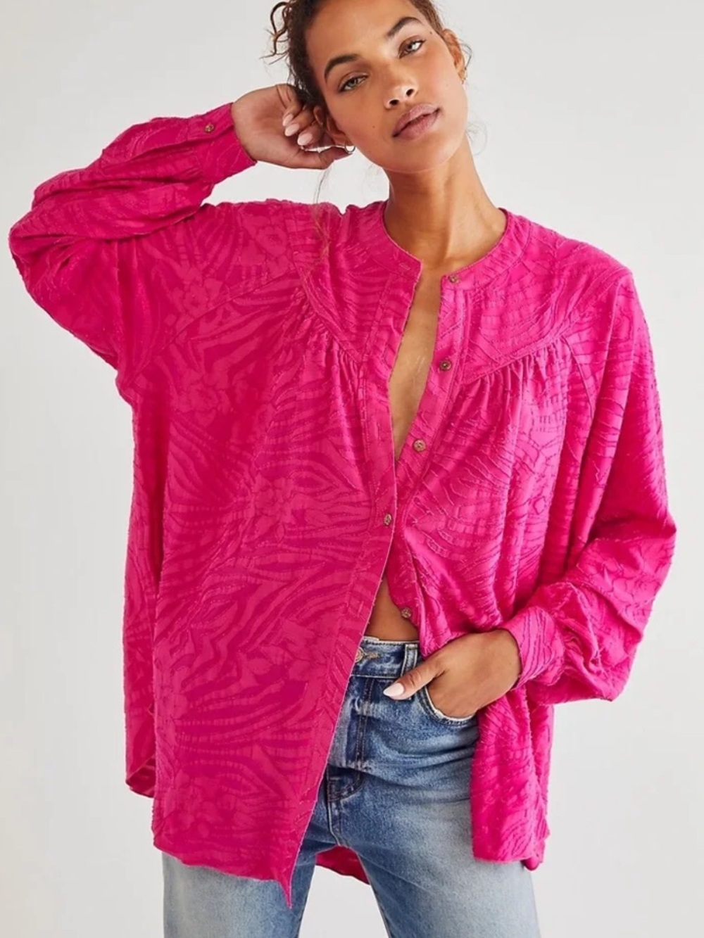 Free People Can’t Stop Dreaming Oversized Button-Down Top in Hot Pink